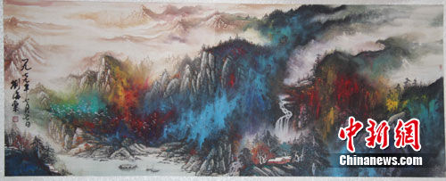 图为刘海粟泼彩大山水，这幅作品创作于1979年，是刘海粟鼎盛时期的代表作。